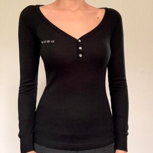 Y2K 2b Bebe Black Waffle Knit Henley Top – Size S